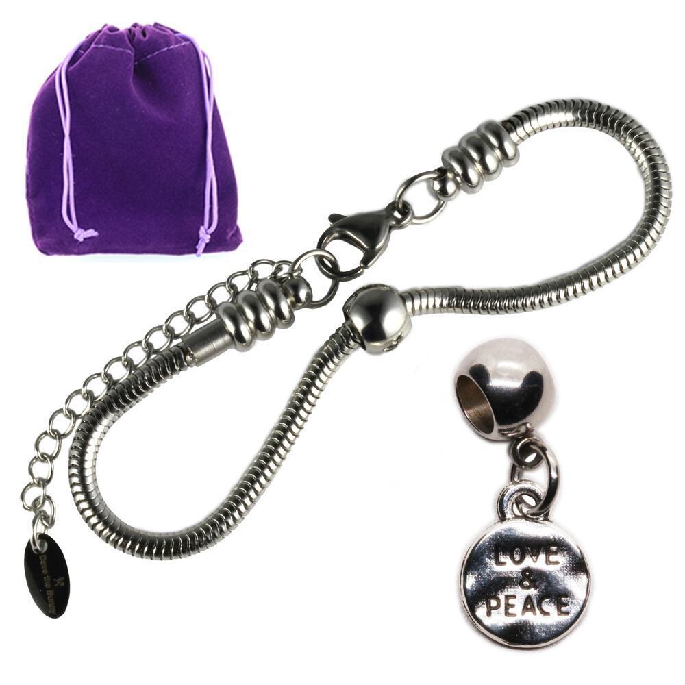 Stainless Steel Love and Peace Charm Bracelet, Hypoallergenic 7.5 Inch Chain